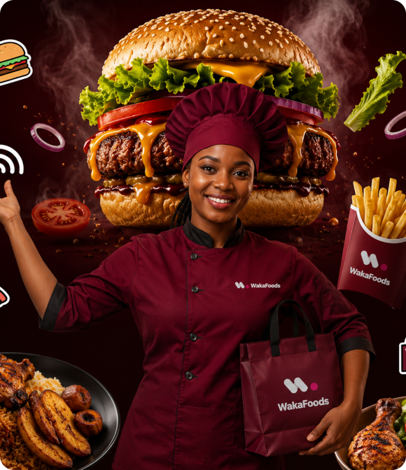 WakaFoods chef with burgers and fries
